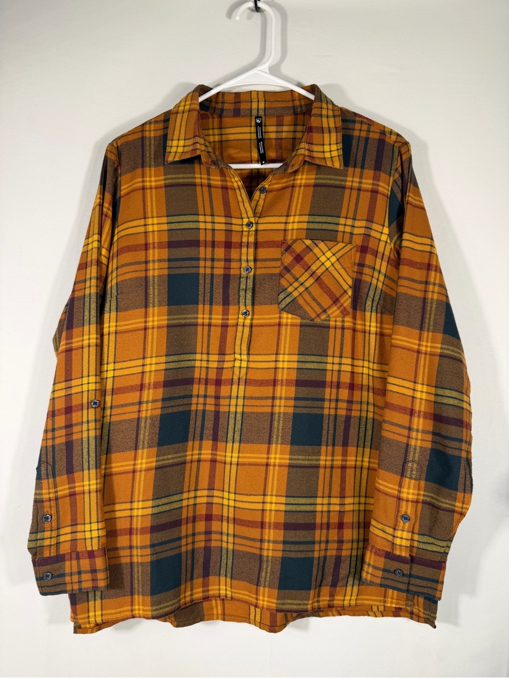 KÜHL Orange Navy Plaid Flannel Pullover Henley Shirt Medium